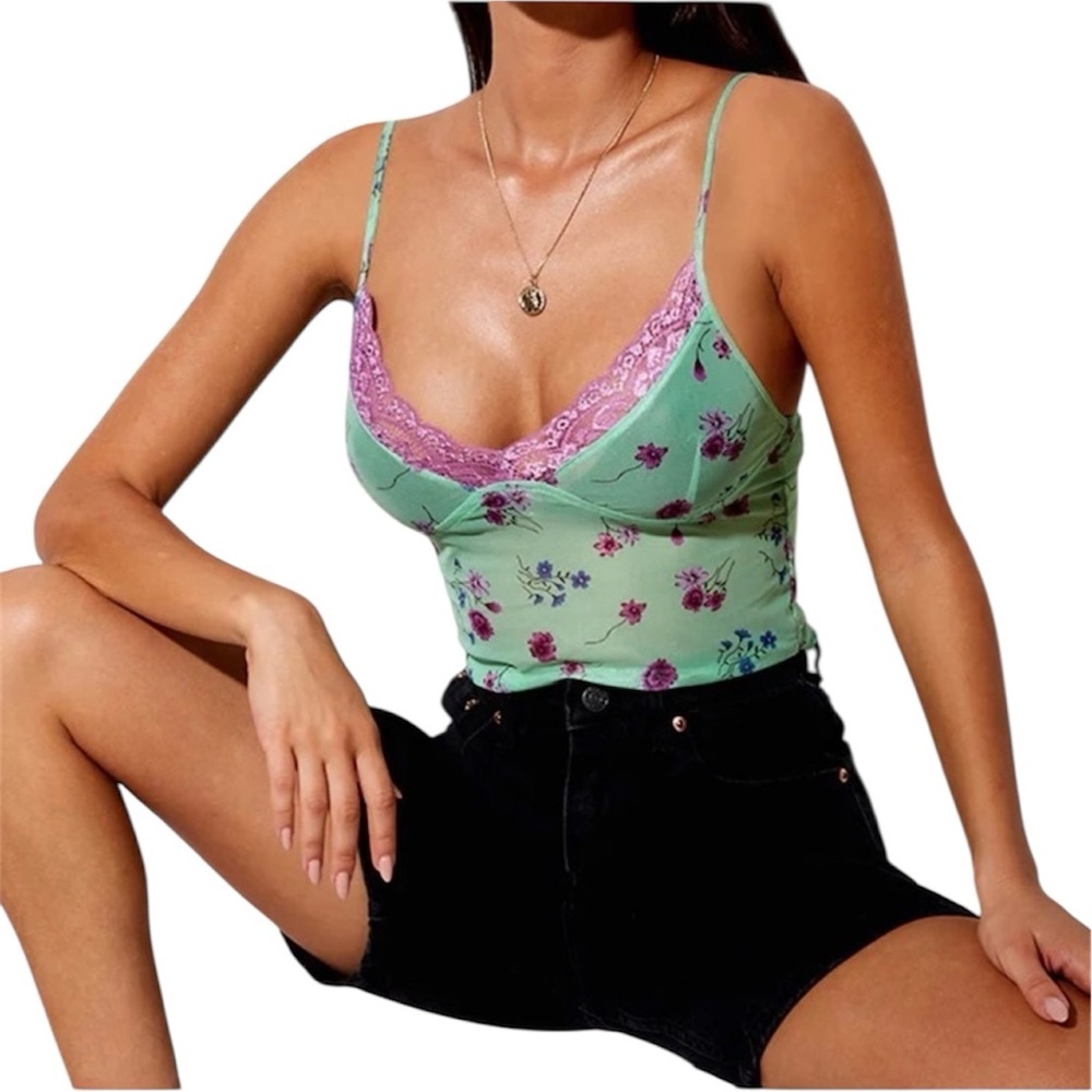 Motel Rocks Floral Lace Mesh Cami Tank Top Semi Sheer Crop Top Green Purple S